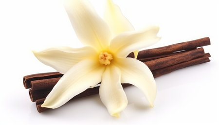 Cinnamon sticks and flower. Isolated on a white background.の素材