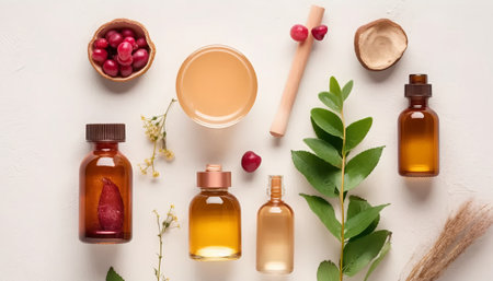 Flat lay composition with natural cosmetic products and herbs on white backgroundの素材