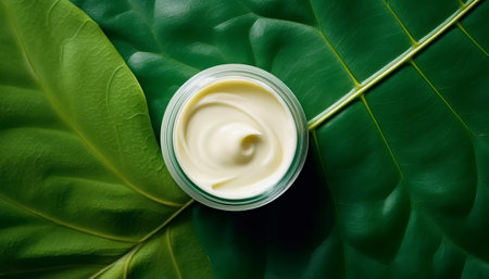 cosmetic cream in a jar on a background of green leaves.の素材