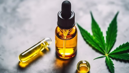 Cannabis essential oil in a glass bottle with cannabis leaves.の素材