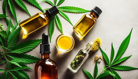 Cannabis essential oil in a glass bottle with hemp leaves.の素材