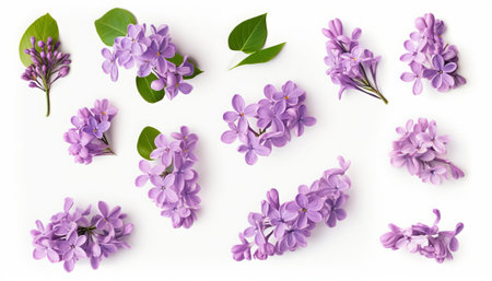 lilac flowers isolated on white background. Flat lay, top viewの素材