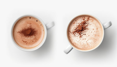Coffee cup with cocoa powder on white background, top viewの素材