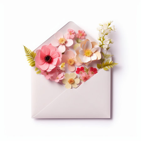 Envelope with flowers and leaves on white background, top viewの素材