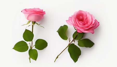 Two pink roses on white background. Flat lay, top view.の素材