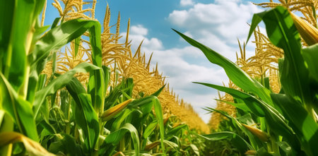 Agricultural field of corn with blue sky and white clouds.の素材