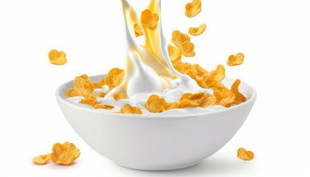 Cornflakes falling into a bowl with milk isolated on white backgroundの素材