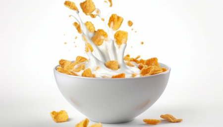 Cornflakes falling into a bowl with milk splash on white backgroundの素材