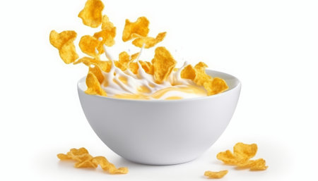 Cornflakes falling into a bowl of milk on a white backgroundの素材