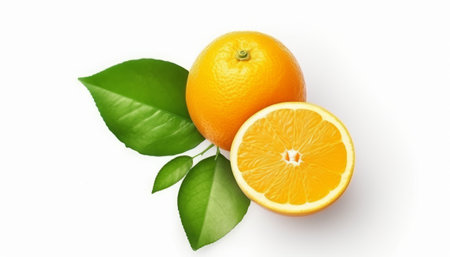 Fresh orange fruit with leaves isolated on white background. Top view.の素材