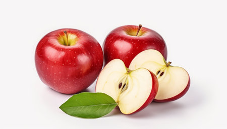 Red apples with green leaves isolated on white background. Close up.の素材