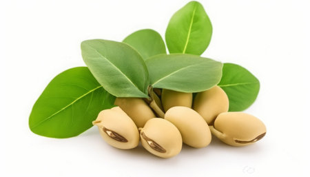 soy beans with green leaves isolated on white background, closeupの素材
