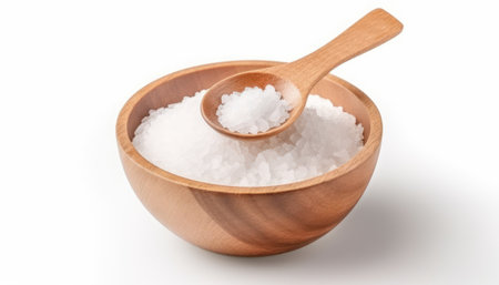Sea salt in wooden bowl isolated on white background. Top view.の素材