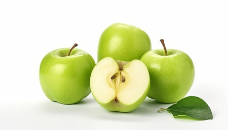 Green apples with leaves isolated on white background. 3D illustration.の素材