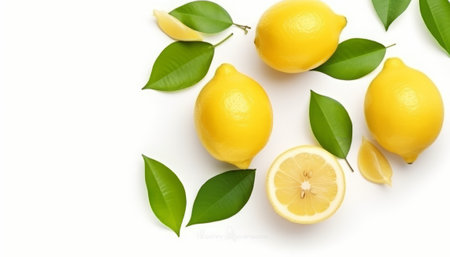Lemons with leaves isolated on white background. Top view. Flat lay.の素材