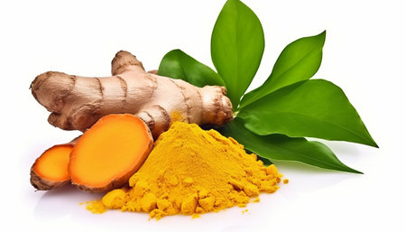 Turmeric powder with fresh turmeric root and leaves isolated on white backgroundの素材