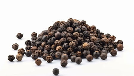 Pile of black peppercorns isolated on a white background.の素材