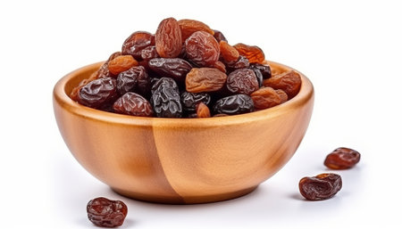 dried raisins in a wooden bowl isolated on white backgroundの素材
