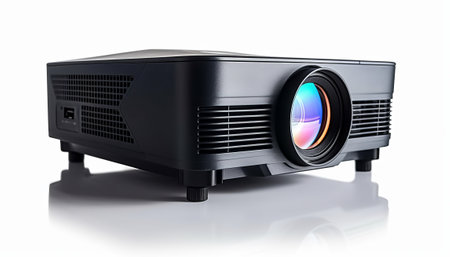 3d rendering of a projector isolated on white background with reflection.の素材