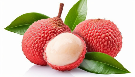 Fresh lychee fruit with leaves isolated on a white background.の素材