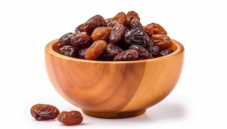 Dried dates in a wooden bowl isolated on white background. Top view.の素材