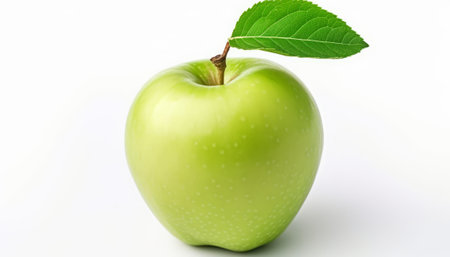 Green apple with leaf isolated on white background. Close up shot.の素材