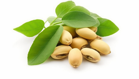 Pistachio nuts with green leaves isolated on white background.の素材