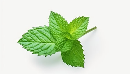 Fresh mint leaves isolated on white background. Top view. Flat lay.の素材