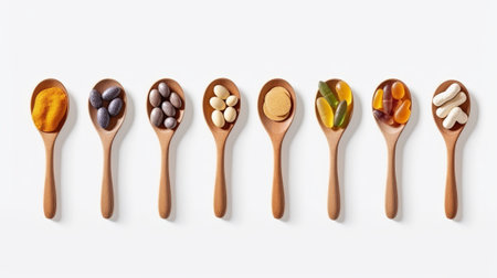 Assortment of pills in wooden spoons on white background, top viewの素材