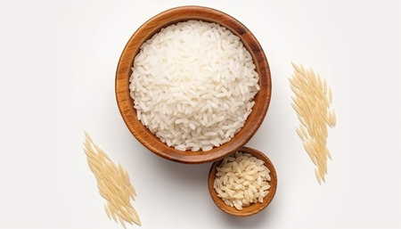 Uncooked rice in wooden bowl and spikelets on white background, top viewの素材