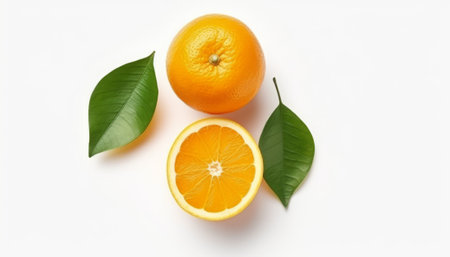 Oranges with green leaves on white background. Flat lay, top viewの素材
