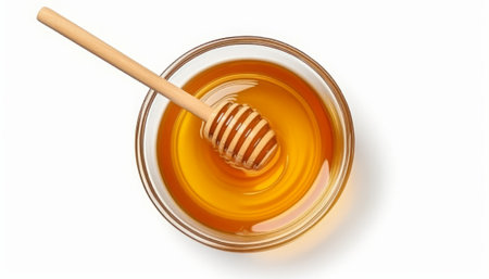 Honey in glass bowl with wooden drizzler isolated on white backgroundの素材