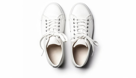 White sneakers isolated on white background. Top view. Flat lay.の素材