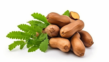 Tamarind isolated on white background. Fresh tamarind with leaves.の素材