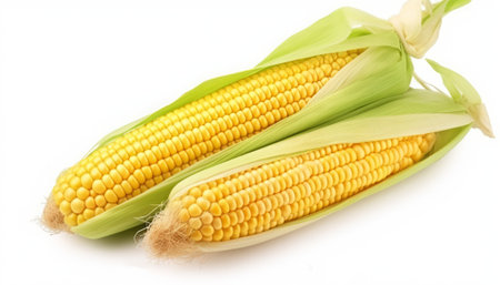Two ears of corn on a white background. Close-up.の素材