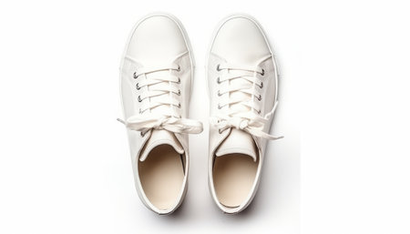 White sneakers isolated on white background. Top view with copy space.の素材