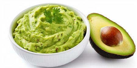 Avocado guacamole in bowl isolated on white background.の素材