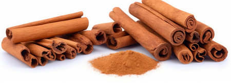 Cinnamon sticks and powder isolated on white background. Close up.の素材