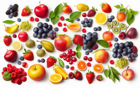 Fresh fruits and berries isolated on white background. Top view. Flat layの素材