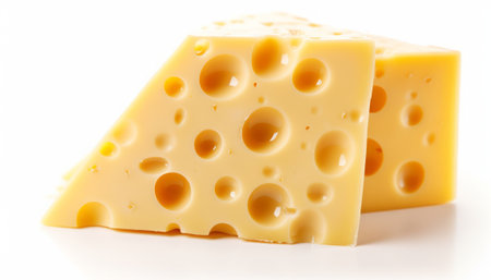 Piece of cheese on a white background, close-up.の素材