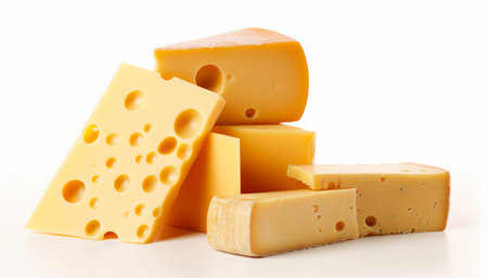 Cheese collection, piece of yellow cheese with holes isolated on white backgroundの素材