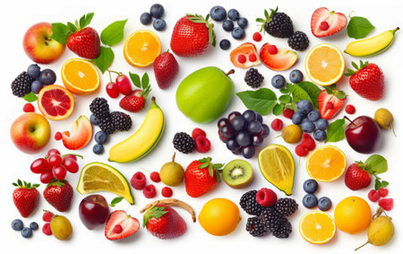 Fruits and berries collection isolated on white background. Top view. Flat lay patternの素材