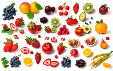 Fruits and berries collection isolated on white background. Top view.の素材