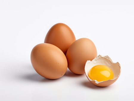 Eggs with yolk on white background. Close up.の素材