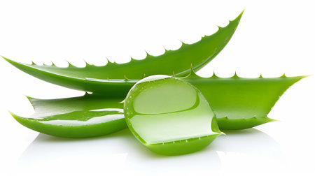 aloe vera fresh leaf with water drops, isolated on whiteの素材