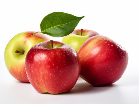 Red and green apples with leaf on white background. Isolated.の素材