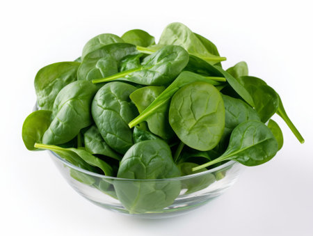Fresh spinach leaves in glass bowl isolated on white background. Top view.の素材