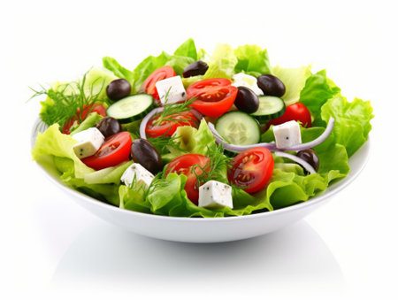 Fresh salad with olives, tomato and feta cheese on white backgroundの素材