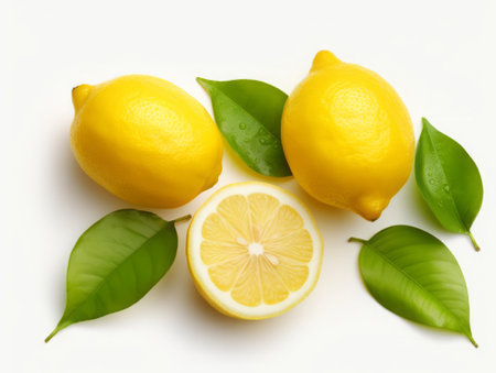 Lemons and lemons with leaves on a white background.の素材