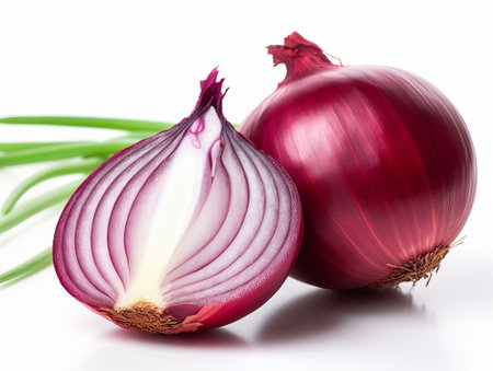 Red onion isolated on white background cutout. Healthy eating concept.の素材